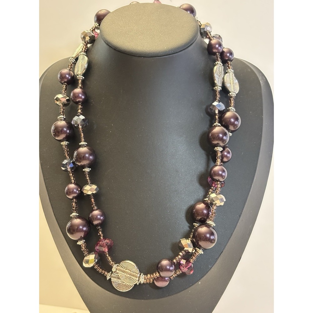 Y2K Purple Plum Acrylic Faux Pearl Beaded Long Necklace Silver Tone 40"